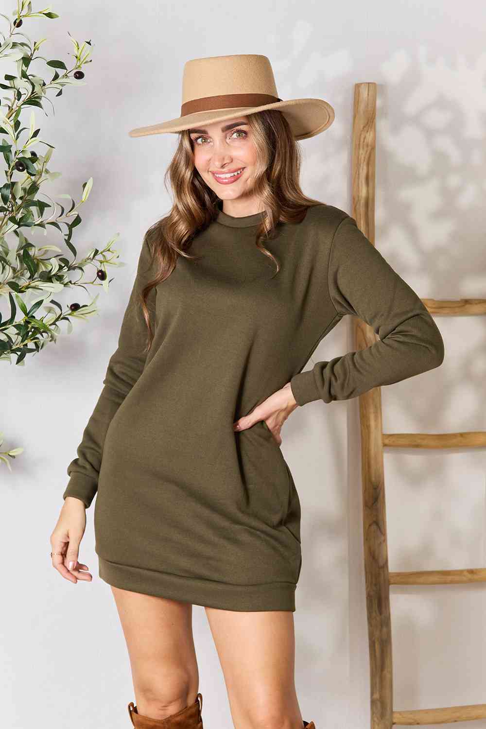 Round Neck Long Sleeve Mini Dress with Pockets - Army Green / S - All Dresses - Dresses - 2 - 2024