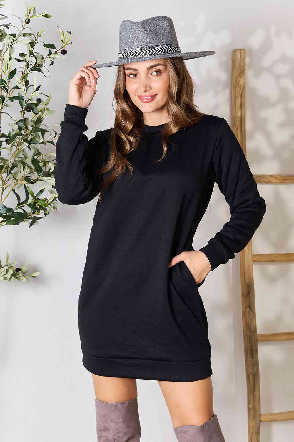 Round Neck Long Sleeve Mini Dress with Pockets - Black / S - All Dresses - Dresses - 7 - 2024