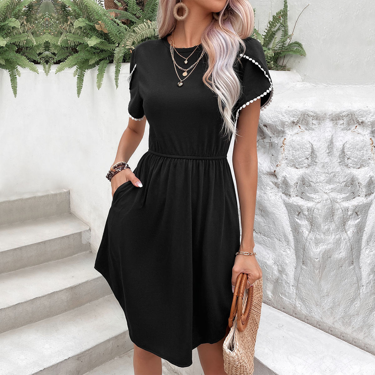 Round Neck Petal Sleeve Dress with Pockets - Black / XL - All Dresses - Dresses - 9 - 2024