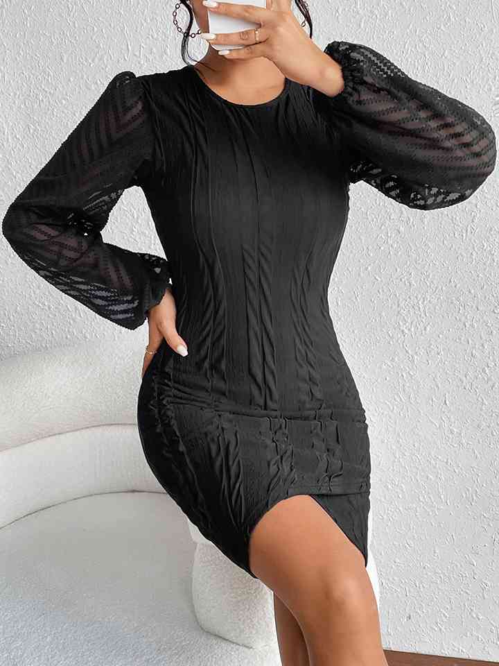 Round Neck Puff Sleeve Tulip Hem Mini Dress - All Dresses - Dresses - 4 - 2024