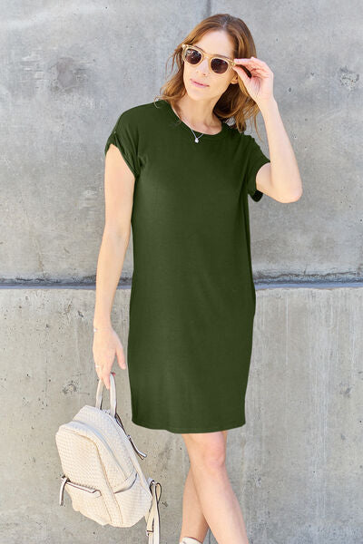 Round Neck Short Sleeve Dress with Pockets - Moss / S - All Dresses - Shirts & Tops - 22 - 2024