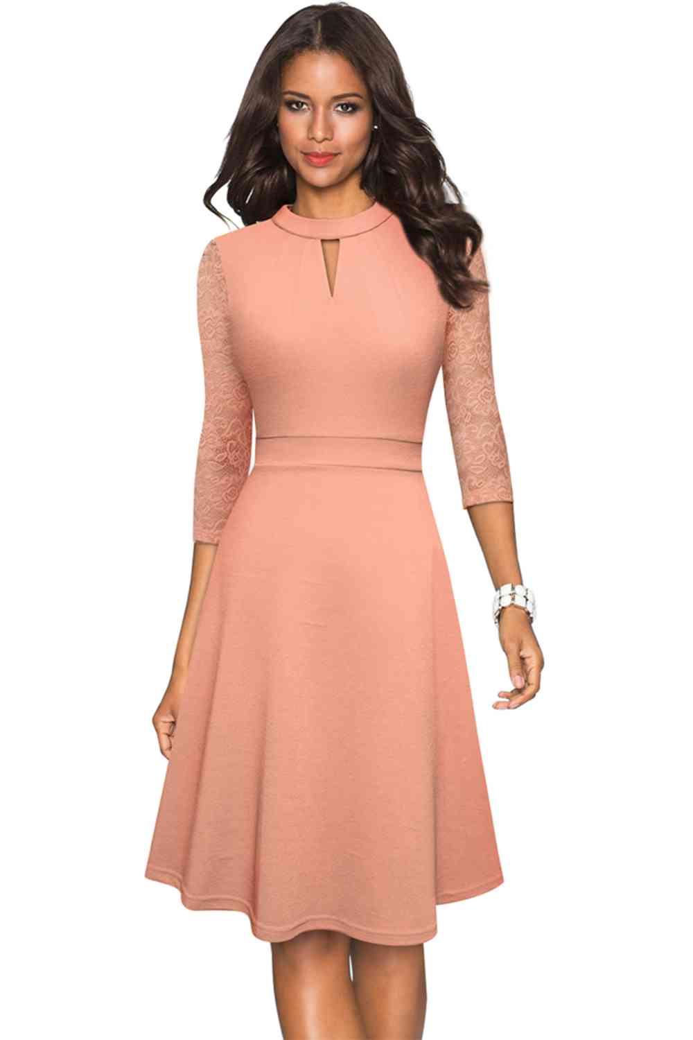 Round Neck Three-Quater Sleeve Cutout Dress - Peach / S - All Dresses - Dresses - 16 - 2024