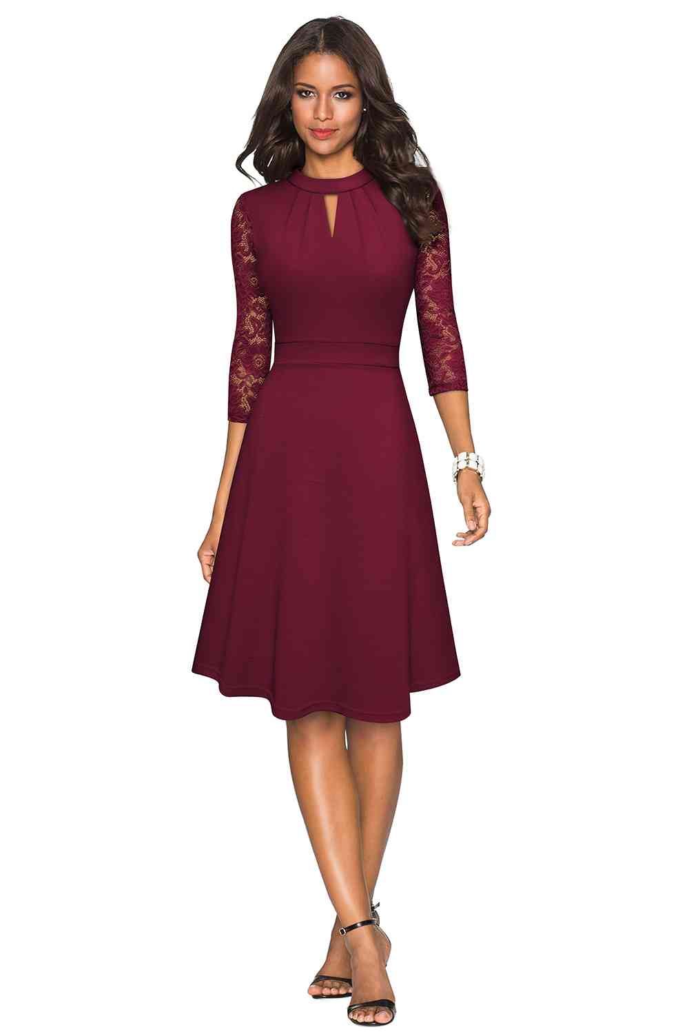 Round Neck Three-Quater Sleeve Cutout Dress - Wine / S - All Dresses - Dresses - 13 - 2024