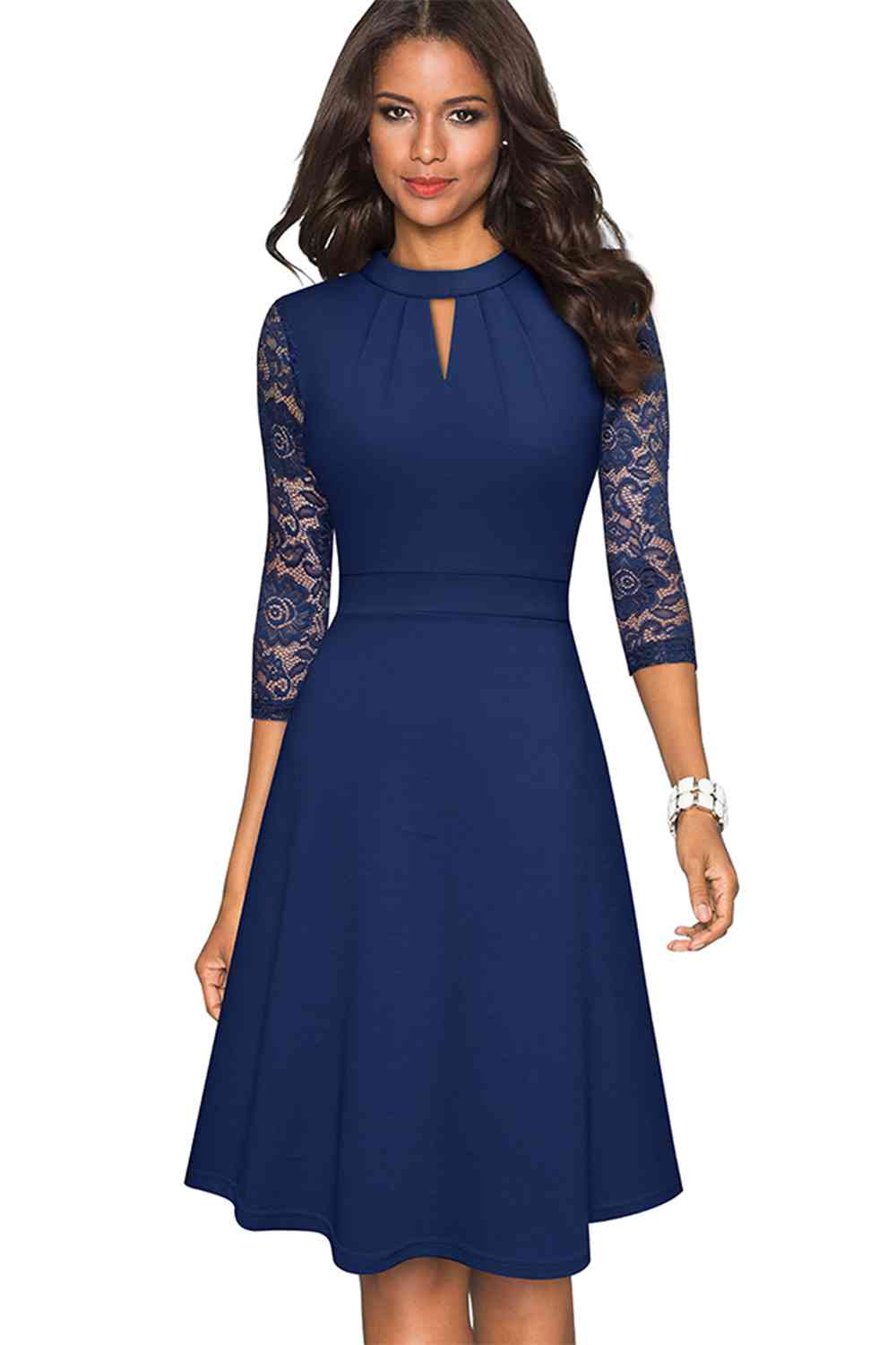 Round Neck Three-Quater Sleeve Cutout Dress - Royal Blue / S - All Dresses - Dresses - 9 - 2024