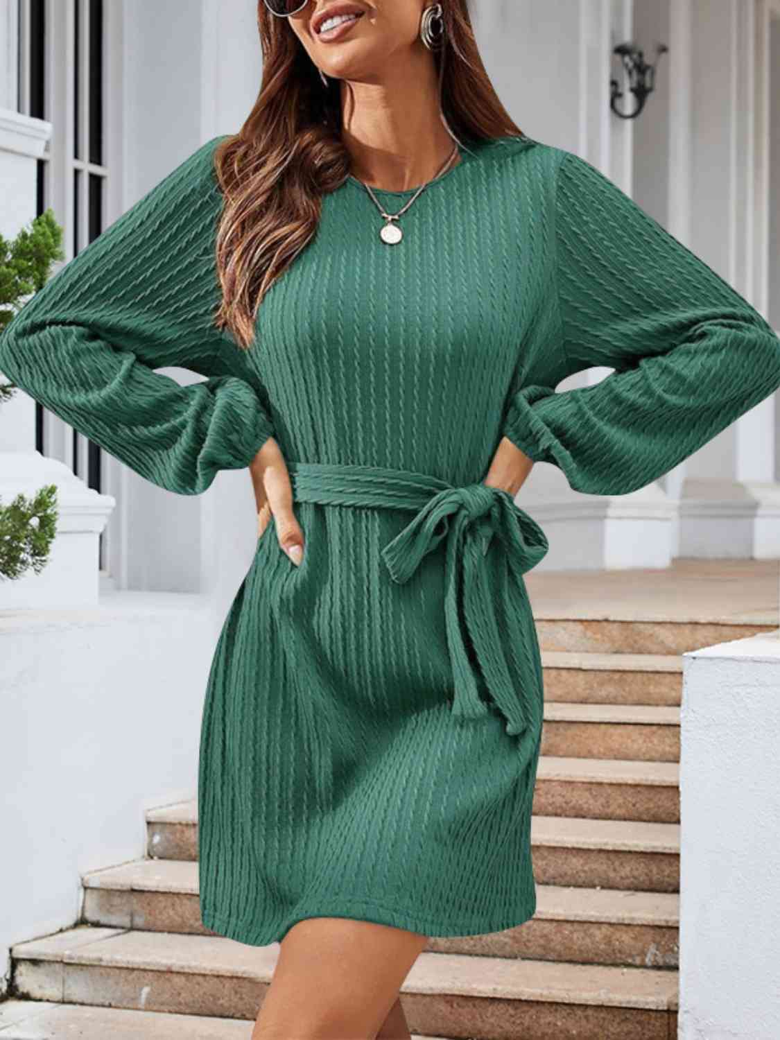 Round Neck Tie Front Long Sleeve Dress - Teal / S - All Dresses - Dresses - 10 - 2024