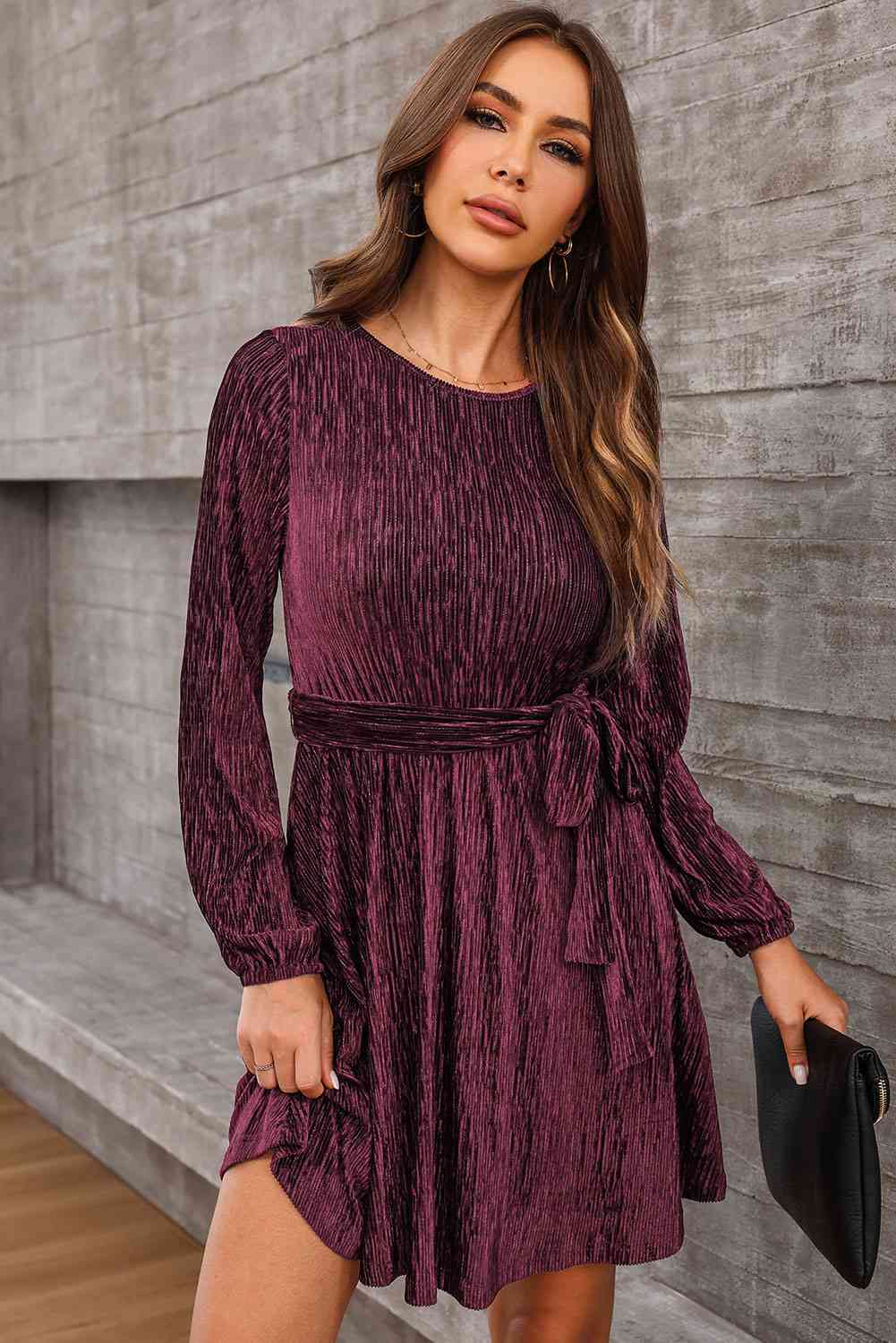 Round Neck Tie Front Long Sleeve Dress - All Dresses - Dresses - 6 - 2024