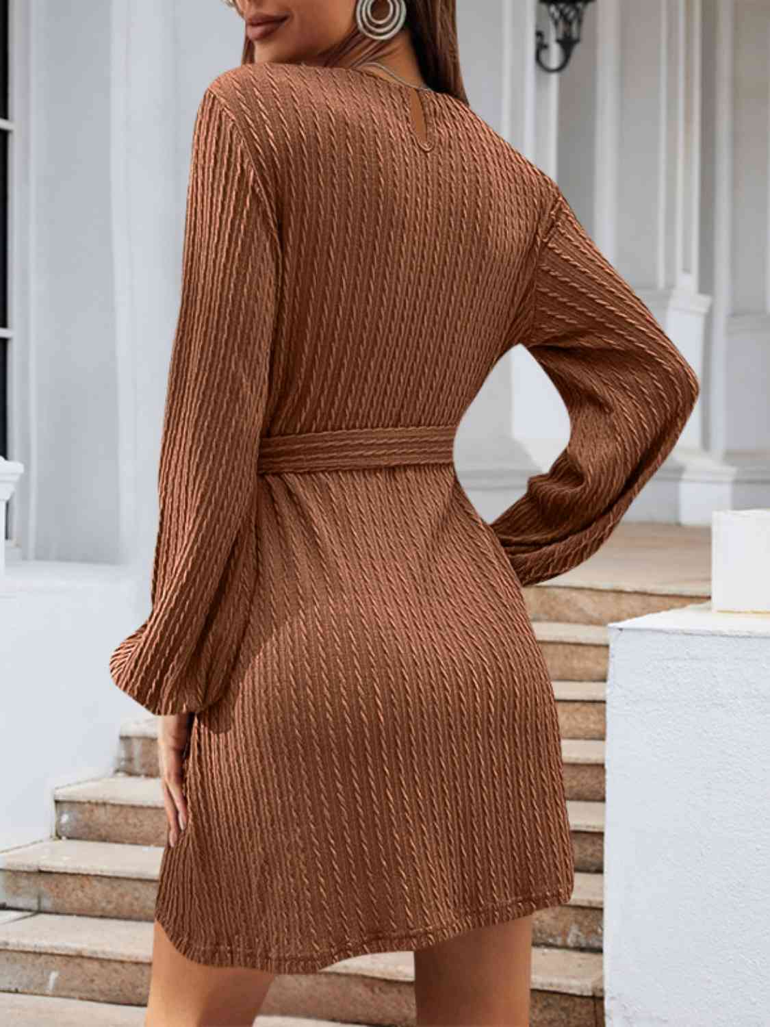 Round Neck Tie Front Long Sleeve Dress - All Dresses - Dresses - 2 - 2024
