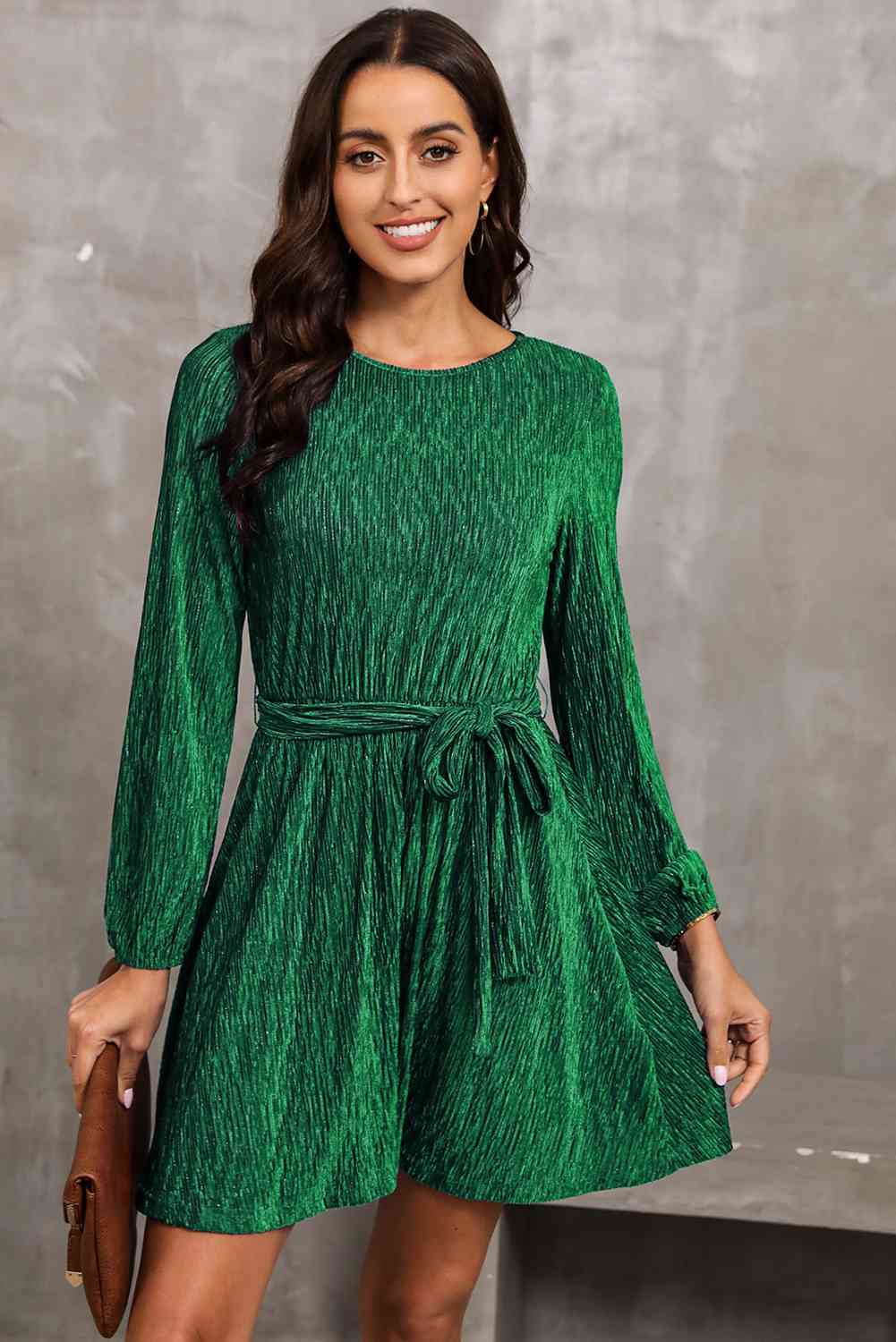 Round Neck Tie Front Long Sleeve Dress - Green / S - All Dresses - Dresses - 9 - 2024