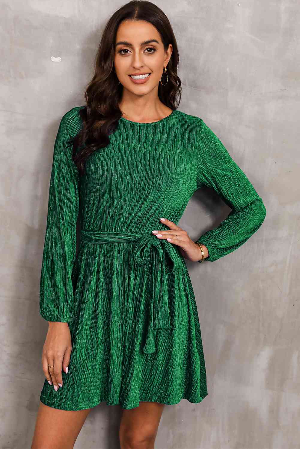 Round Neck Tie Front Long Sleeve Dress - All Dresses - Dresses - 10 - 2024