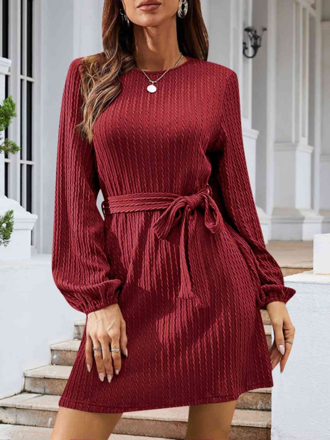 Round Neck Tie Front Long Sleeve Dress - All Dresses - Dresses - 8 - 2024