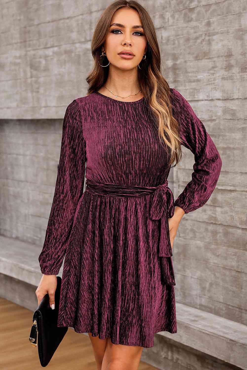 Round Neck Tie Front Long Sleeve Dress - Wine / S - All Dresses - Dresses - 5 - 2024