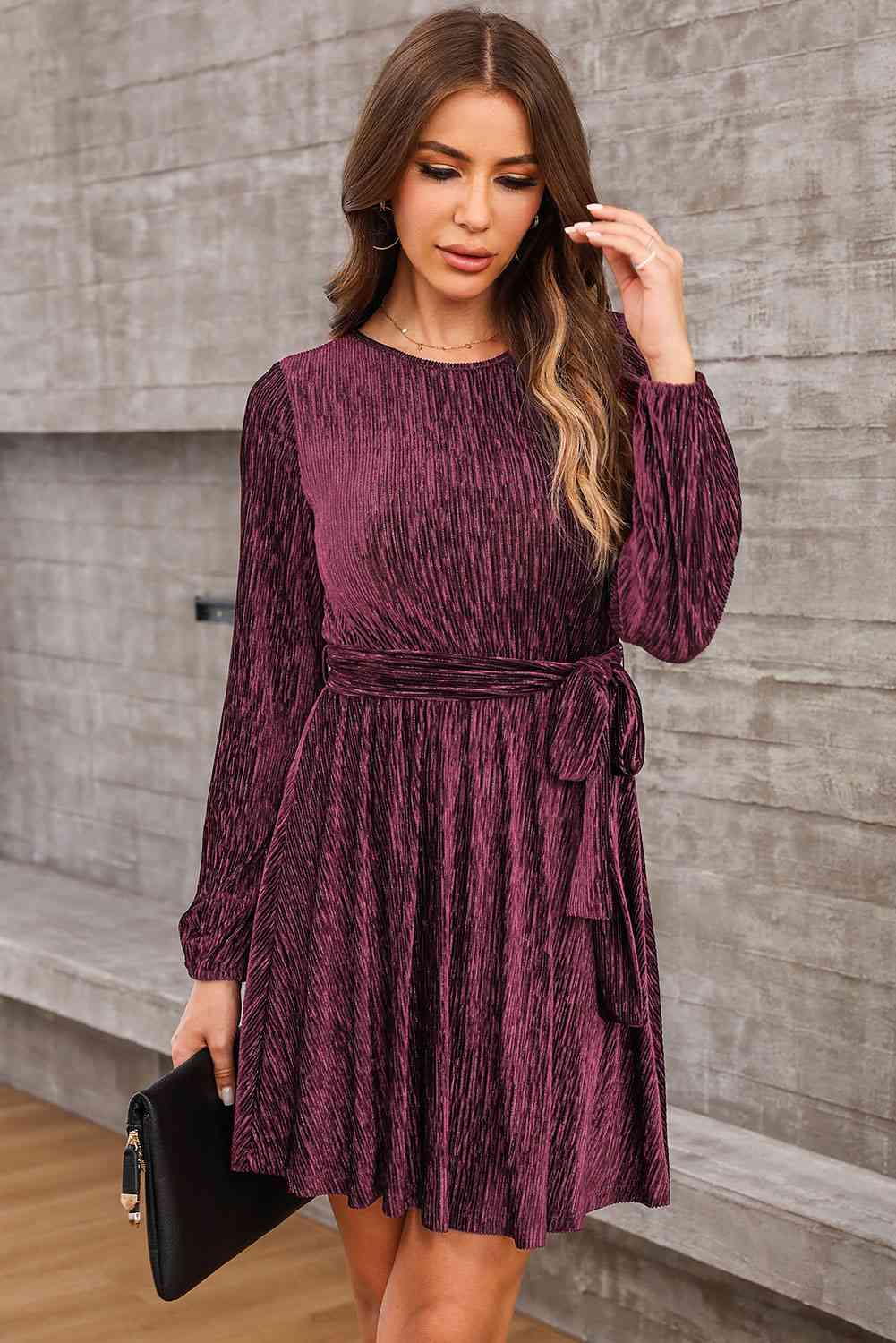 Round Neck Tie Front Long Sleeve Dress - All Dresses - Dresses - 7 - 2024