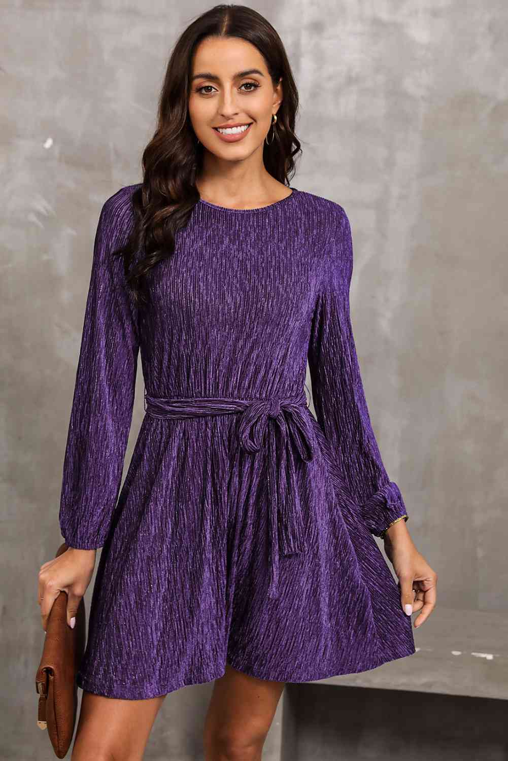 Round Neck Tie Front Long Sleeve Dress - Violet / S - All Dresses - Dresses - 1 - 2024