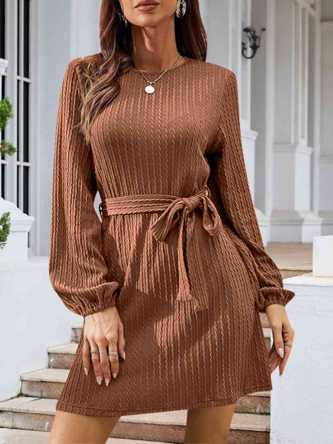 Round Neck Tie Front Long Sleeve Dress - All Dresses - Dresses - 3 - 2024