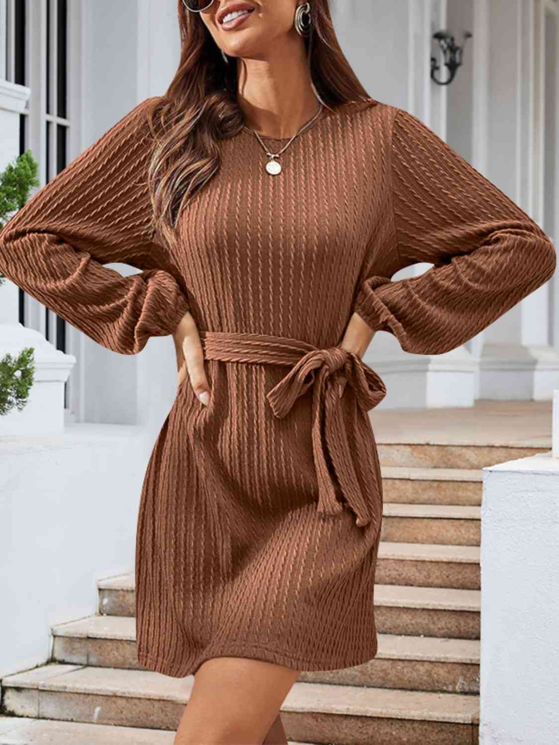 Round Neck Tie Front Long Sleeve Dress - Tan / S - All Dresses - Dresses - 1 - 2024