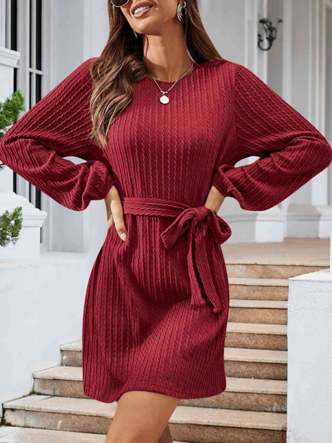 Round Neck Tie Front Long Sleeve Dress - Brick Red / S - All Dresses - Dresses - 7 - 2024