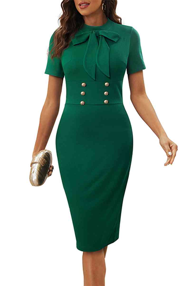 Round Neck Tie Front Short Sleeve Buttoned Dress - Green / S - All Dresses - Dresses - 4 - 2024