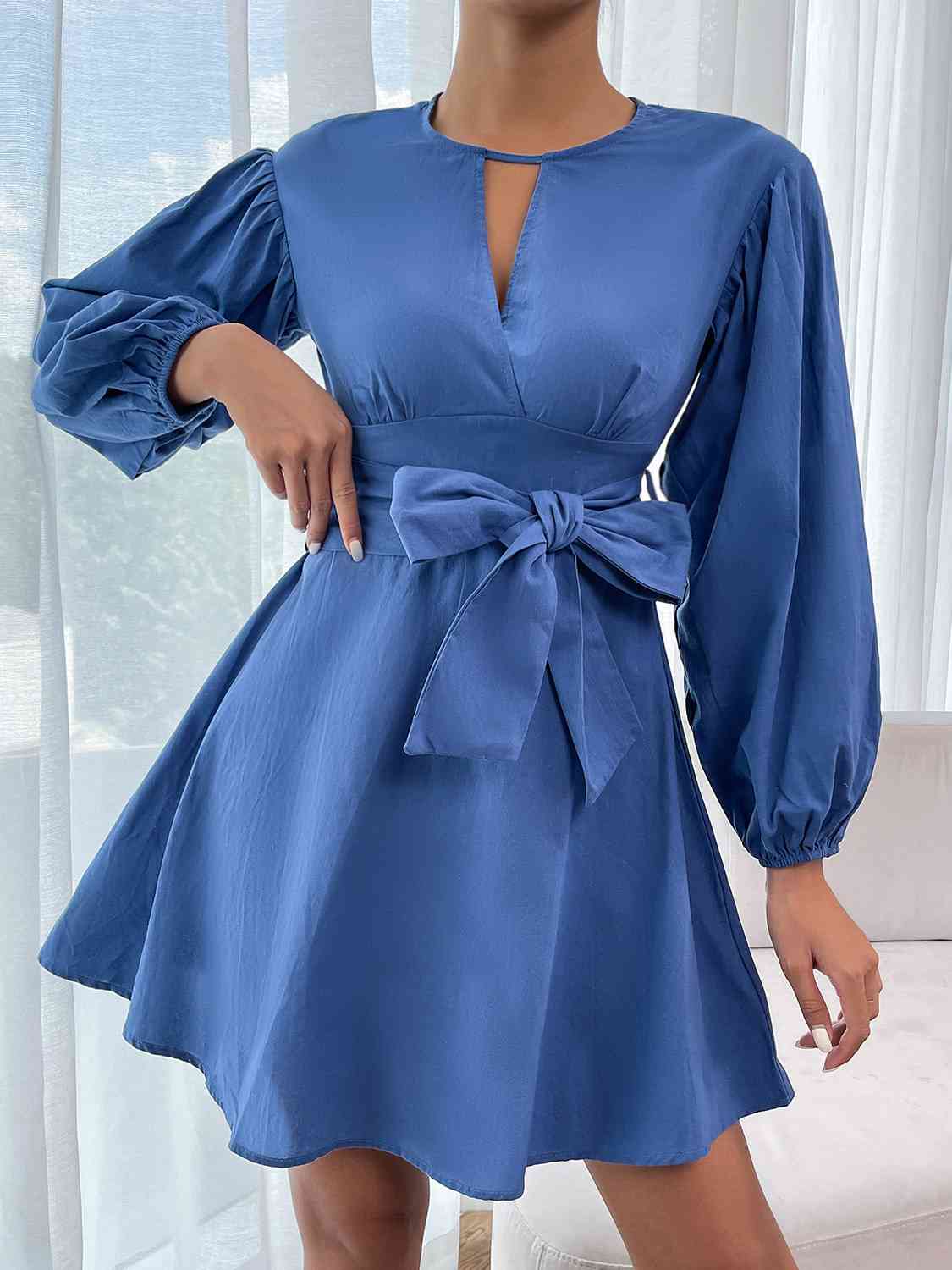 Round Neck Tie Waist Long Sleeve Mini Dress - Dusty Blue / XS - All Dresses - Dresses - 1 - 2024