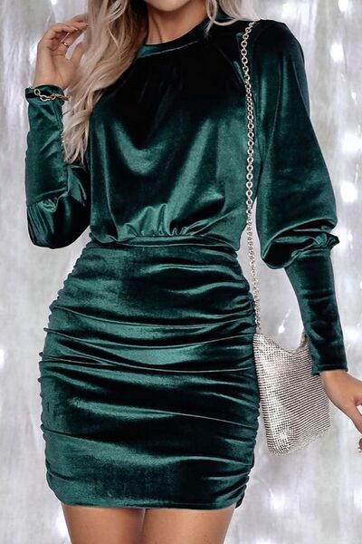 Ruched Round Neck Lantern Sleeve Mini Dress - Green / S - All Dresses - Dresses - 1 - 2024
