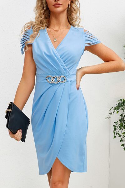 Ruched Surplice Cap Sleeve Mini Dress - Misty Blue / S - All Dresses - Dresses - 1 - 2024