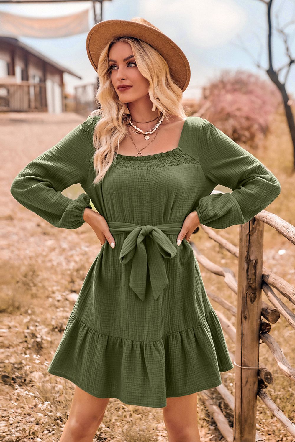 Ruffle Trim Tie Waist Balloon Sleeve Mini Dress - Green / S - All Dresses - Dresses - 9 - 2024