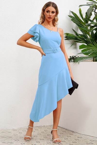 Ruffled Asymmetrical Neck Flutter Sleeve Dress - Pastel Blue / S - All Dresses - Dresses - 13 - 2024