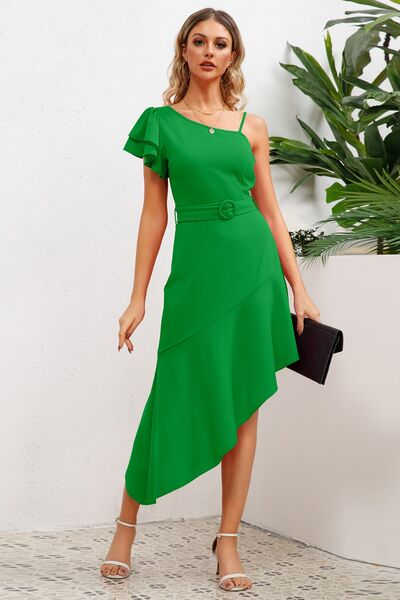 Ruffled Asymmetrical Neck Flutter Sleeve Dress - Mid Green / S - All Dresses - Dresses - 5 - 2024