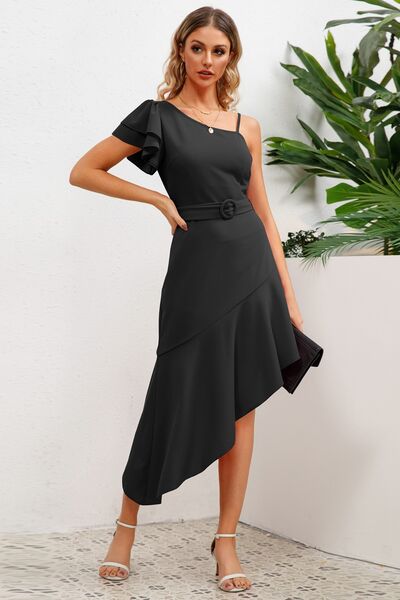 Ruffled Asymmetrical Neck Flutter Sleeve Dress - Black / S - All Dresses - Dresses - 1 - 2024