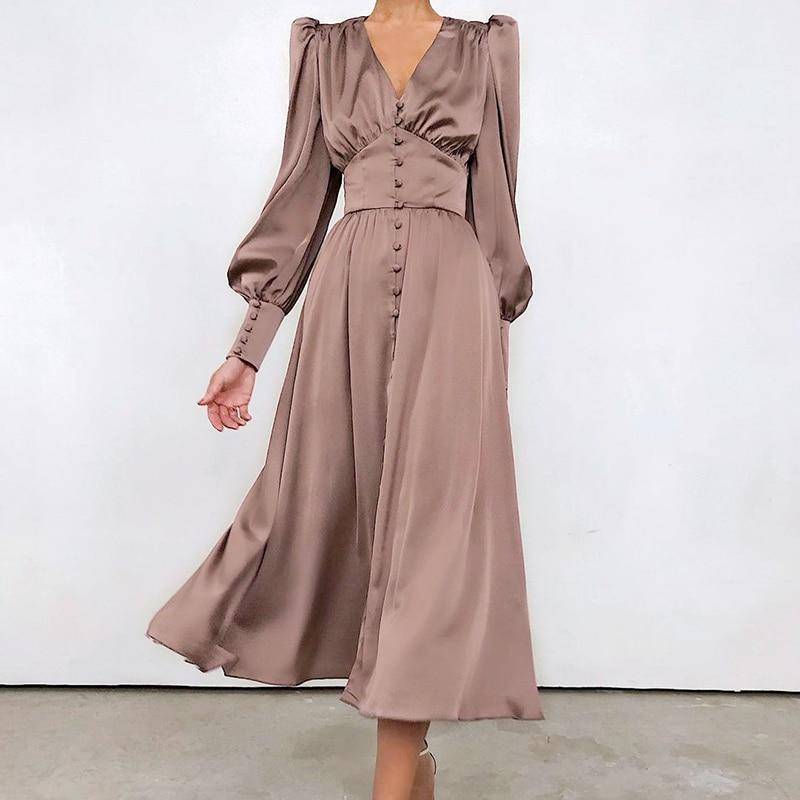 Satin Puff Sleeve Dress - Brown / XL - All Dresses - Dresses - 15 - 2024