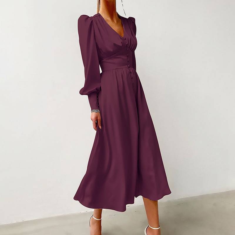 Satin Puff Sleeve Dress - Wine / XL - All Dresses - Dresses - 16 - 2024