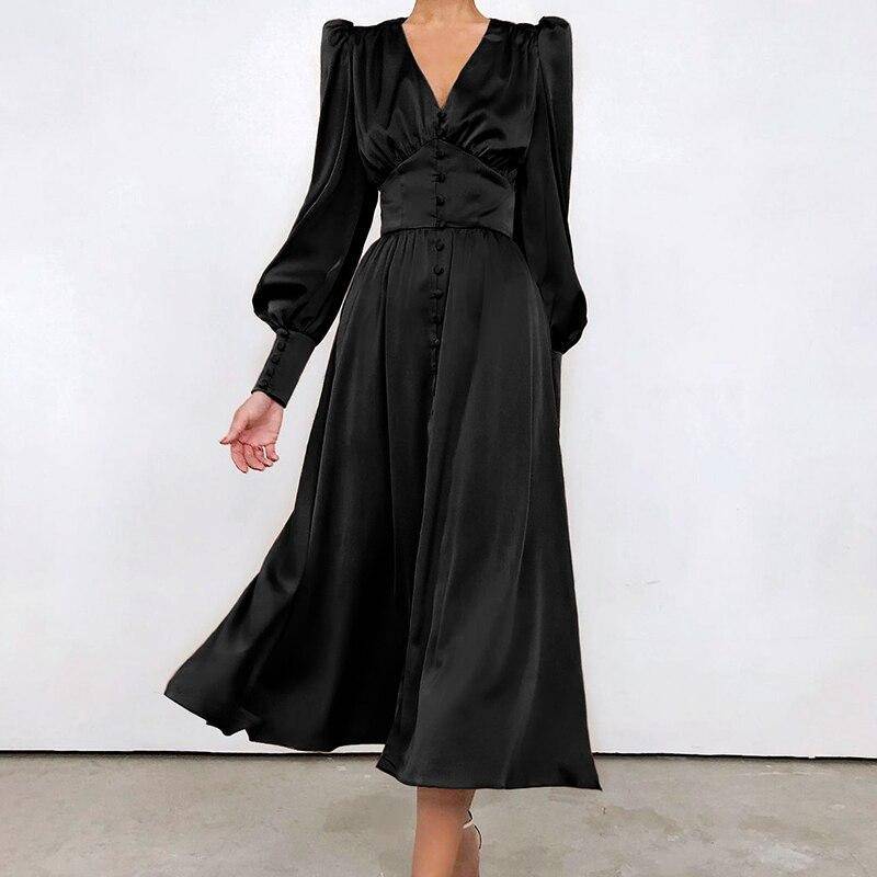 Satin Puff Sleeve Dress - Black / XL - All Dresses - Dresses - 14 - 2024