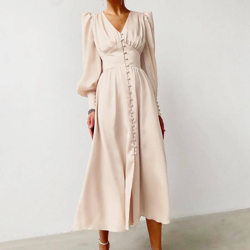 Satin Puff Sleeve Dress - Beige / XL - All Dresses - Dresses - 13 - 2024