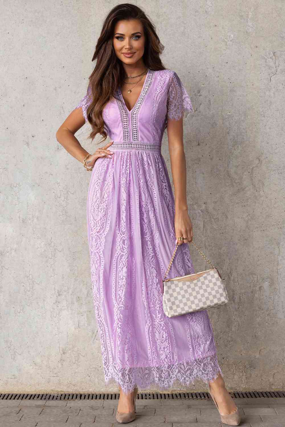 Scalloped Trim Lace Plunge Dress - Lavender / S - All Dresses - Dresses - 14 - 2024