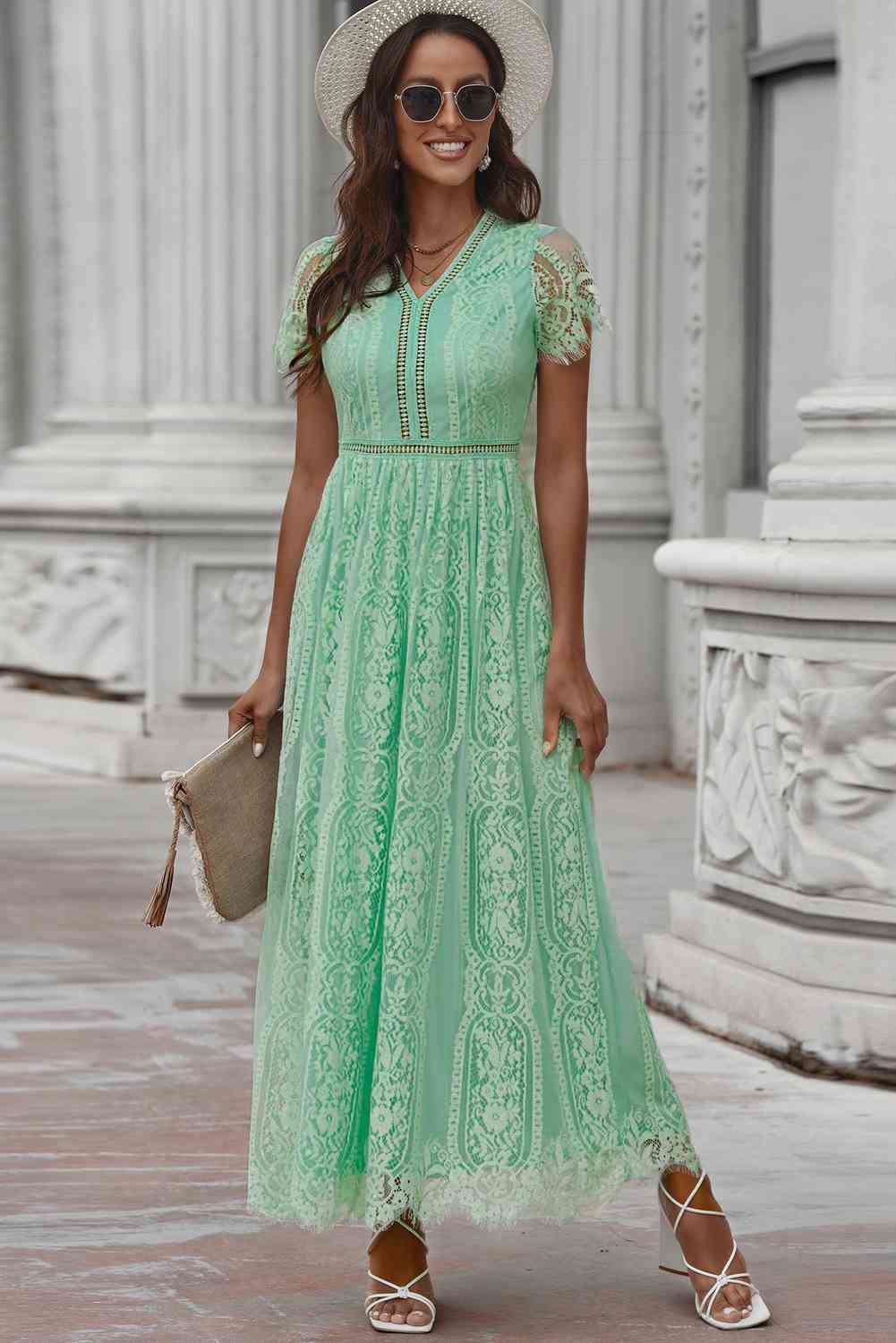 Scalloped Trim Lace Plunge Dress - Mid Green / S - All Dresses - Dresses - 16 - 2024