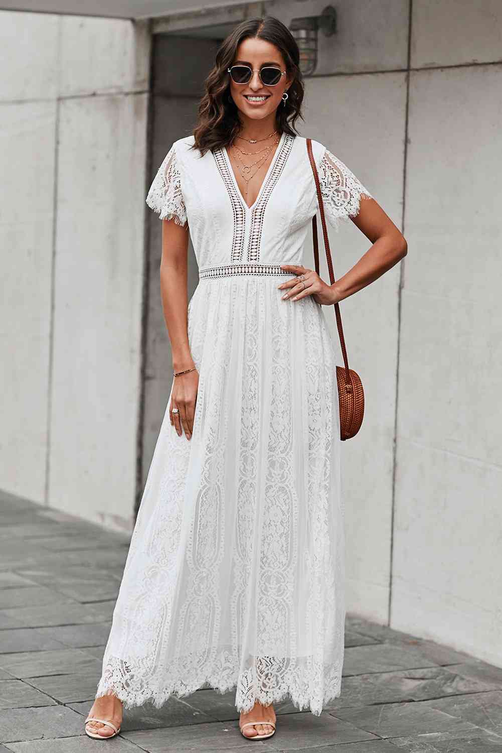 Scalloped Trim Lace Plunge Dress - White / S - All Dresses - Dresses - 5 - 2024