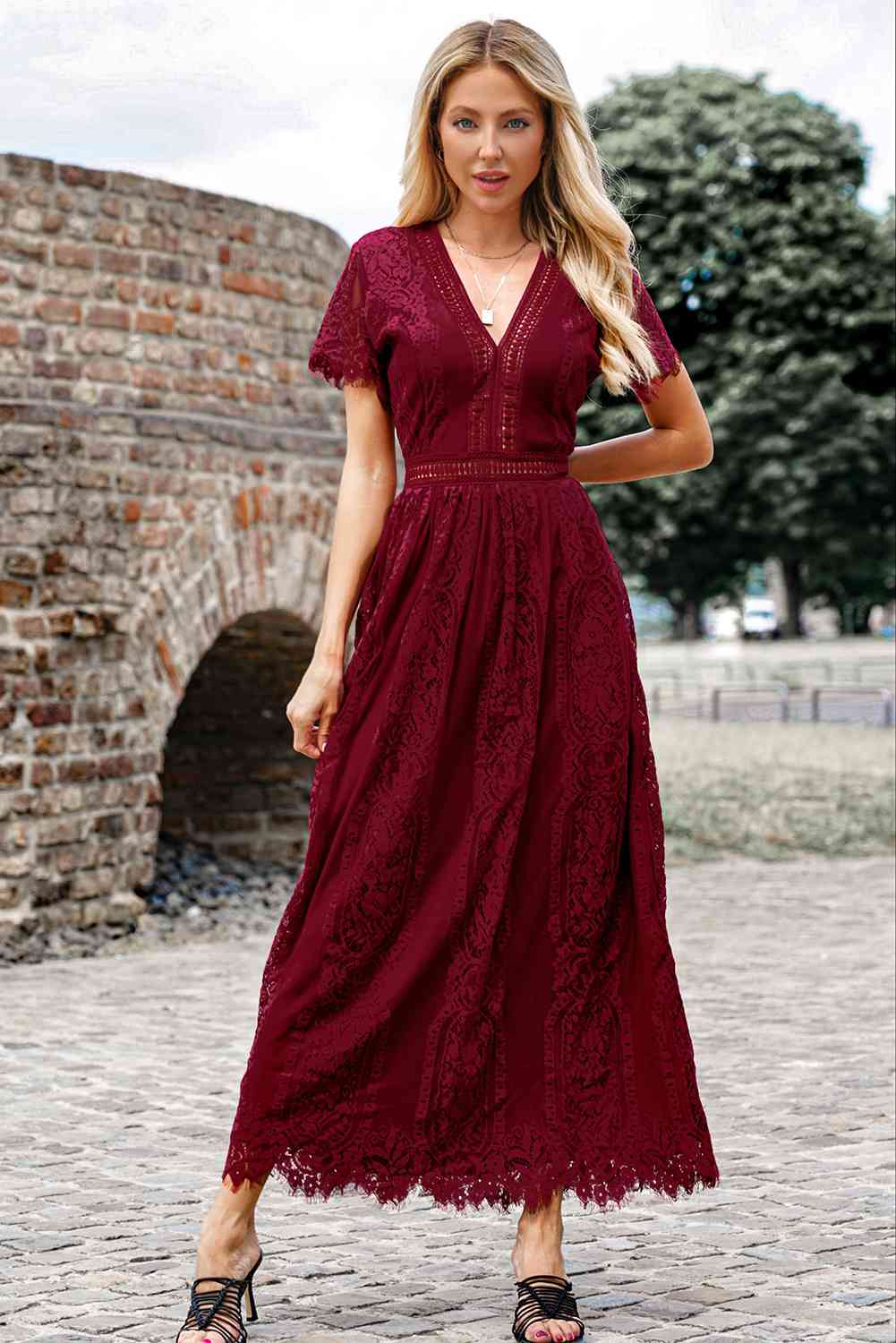 Scalloped Trim Lace Plunge Dress - Wine / S - All Dresses - Dresses - 11 - 2024