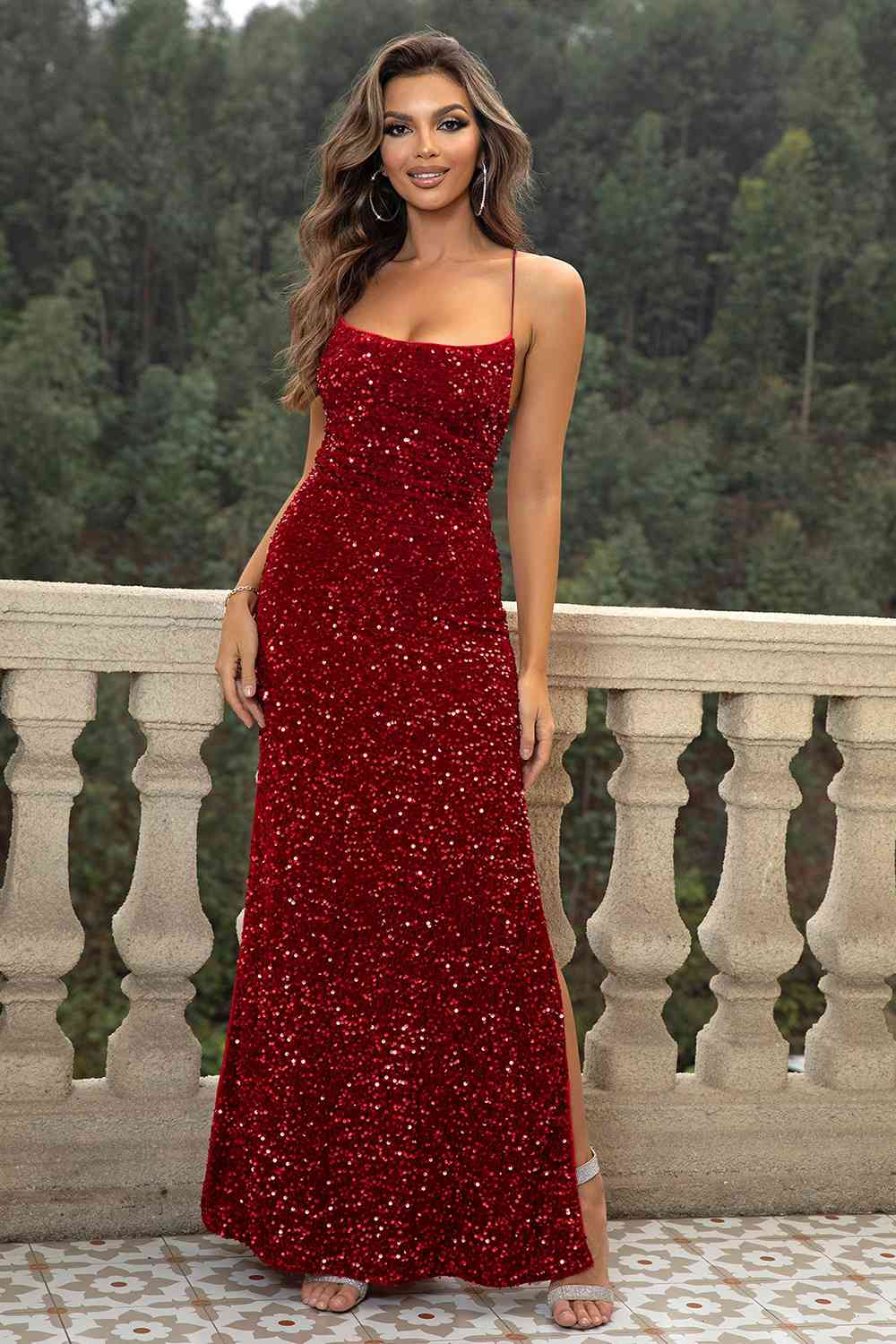 Sequin Backless Split Maxi Dress - Wine / XS - All Dresses - Dresses - 1 - 2024
