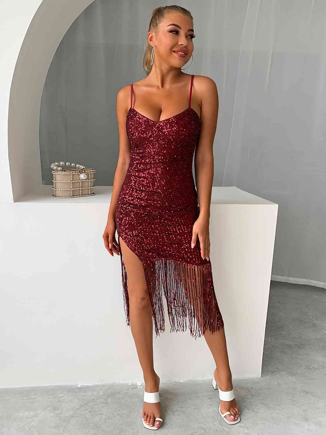 Sequin Fringe Spaghetti Strap Dress - Wine / XS - All Dresses - Dresses - 4 - 2024