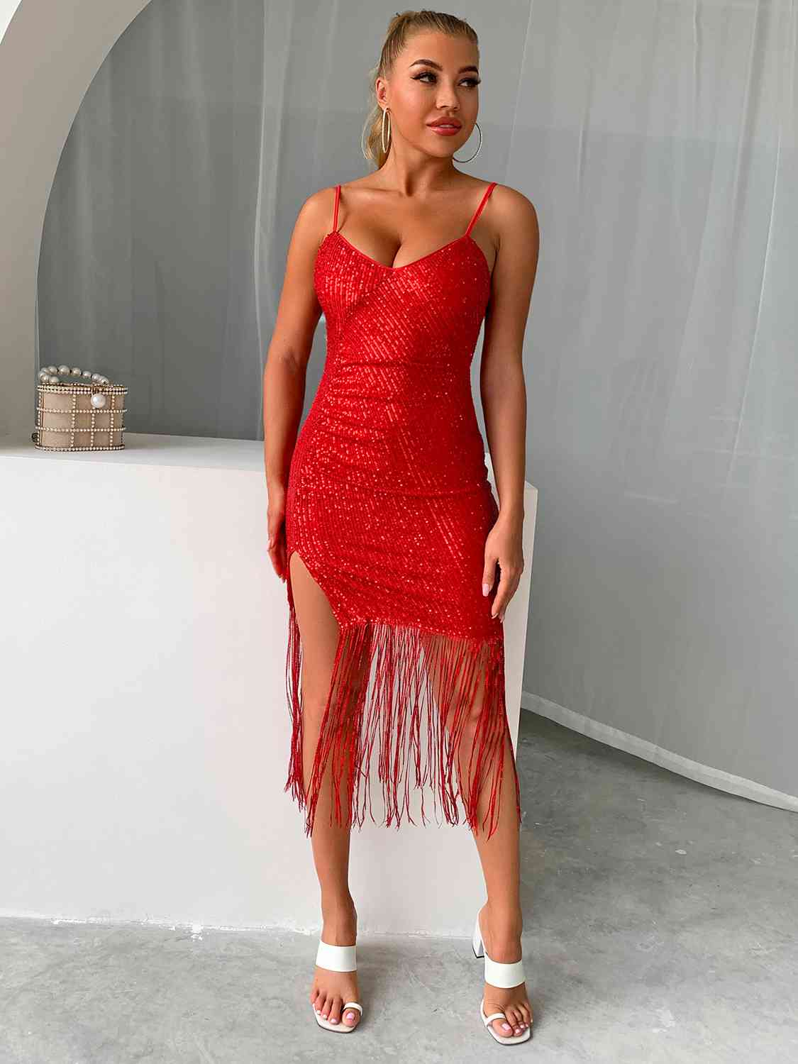 Sequin Fringe Spaghetti Strap Dress - Deep Red / XS - All Dresses - Dresses - 10 - 2024