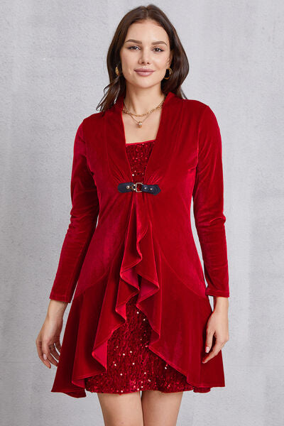 Sequin Ruffle Hem Long Sleeve Mini Dress - Deep Red / S - All Dresses - Dresses - 1 - 2024