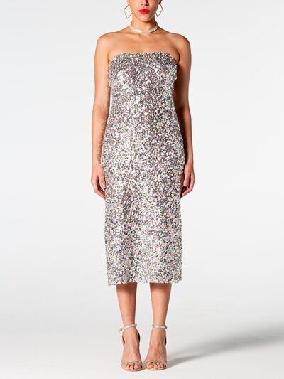Sequin Straight Neck Midi Wrap Dress - Silver / S - All Dresses - Dresses - 1 - 2024