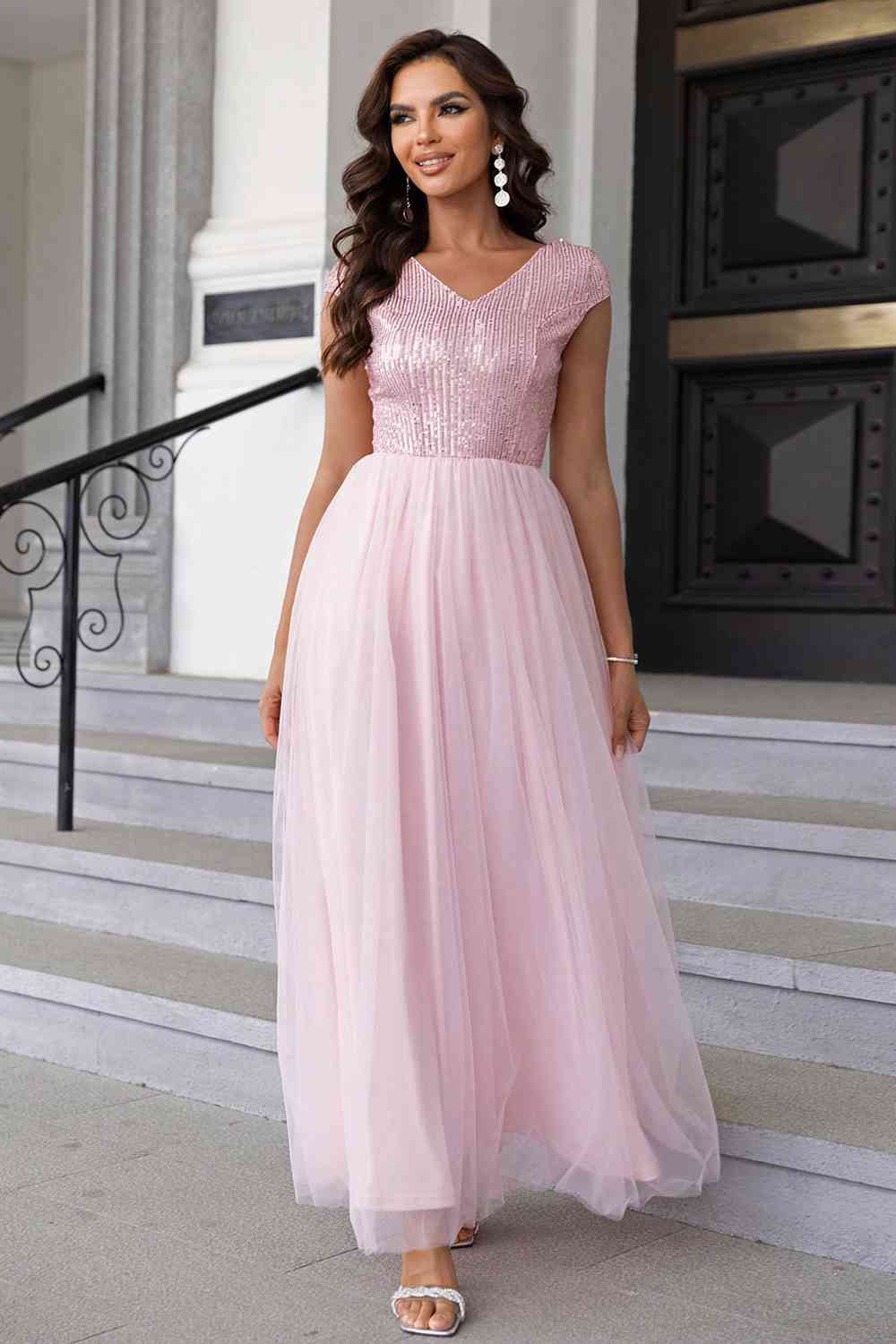 Sequin V-Neck Mesh Maxi Dress - Blush Pink / XS - All Dresses - Dresses - 9 - 2024
