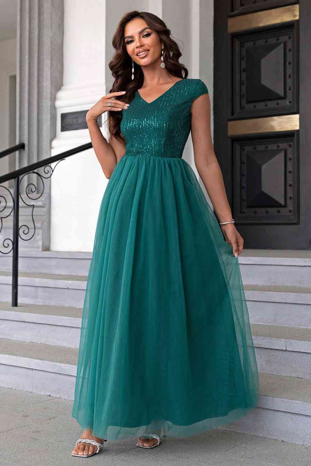 Sequin V-Neck Mesh Maxi Dress - All Dresses - Dresses - 14 - 2024