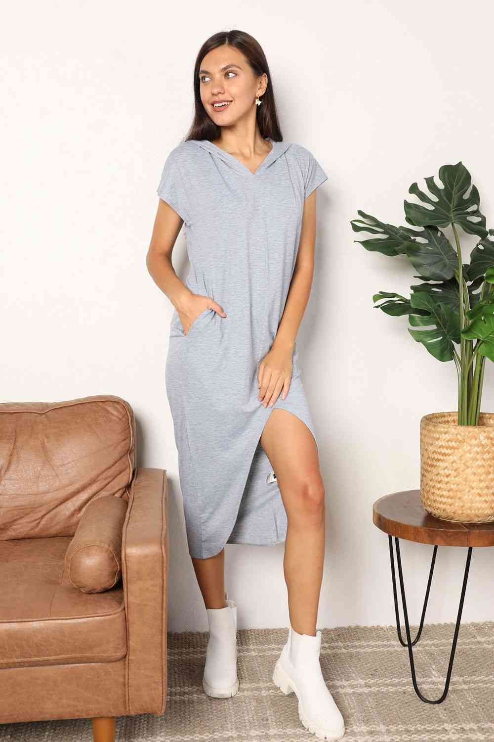 Short Sleeve Front Slit Hooded Dress - Light Gray / S - All Dresses - Dresses - 1 - 2024