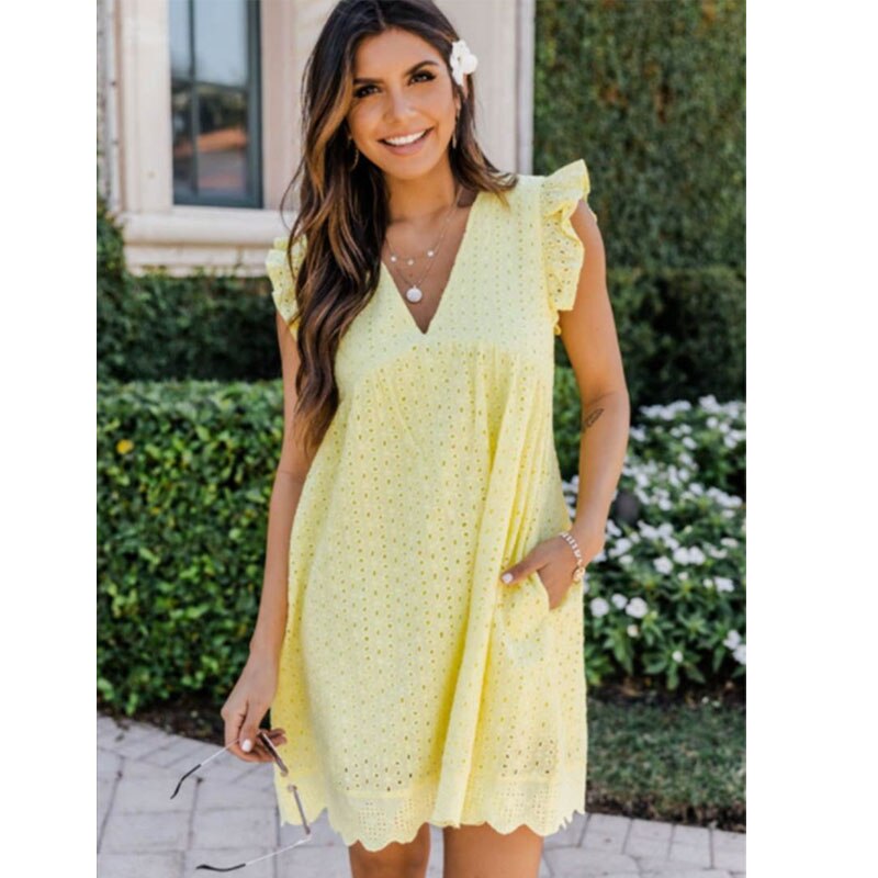 Short Sleeve V-Neck Lace Dress - Yellow / XXL - All Dresses - Dresses - 12 - 2024