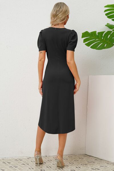 Slit Ruched Round Neck Puff Sleeve Dress - All Dresses - Dresses - 8 - 2024