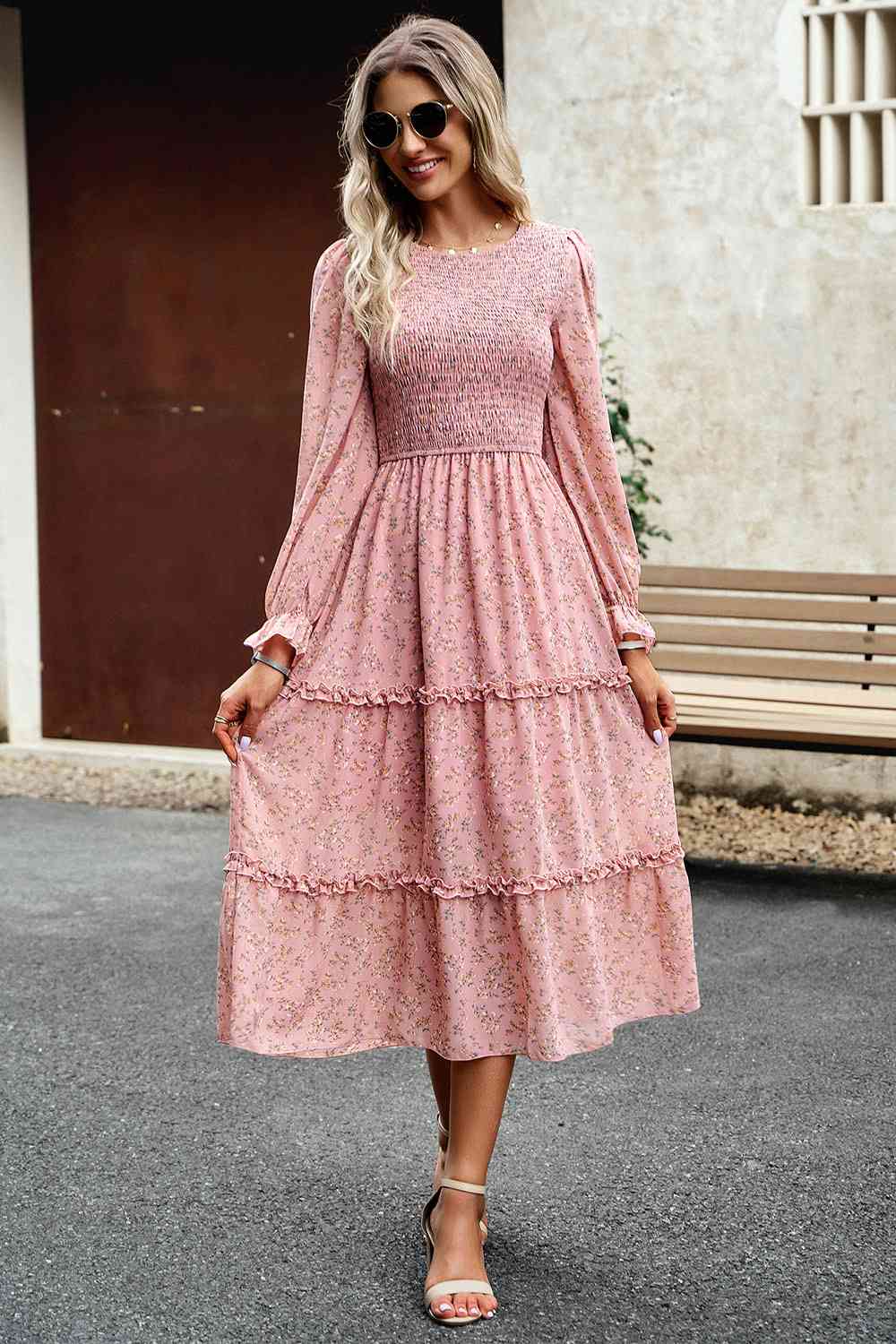 Smocked Flounce Sleeve Midi Dress - Dusty Pink / S - All Dresses - Dresses - 13 - 2024