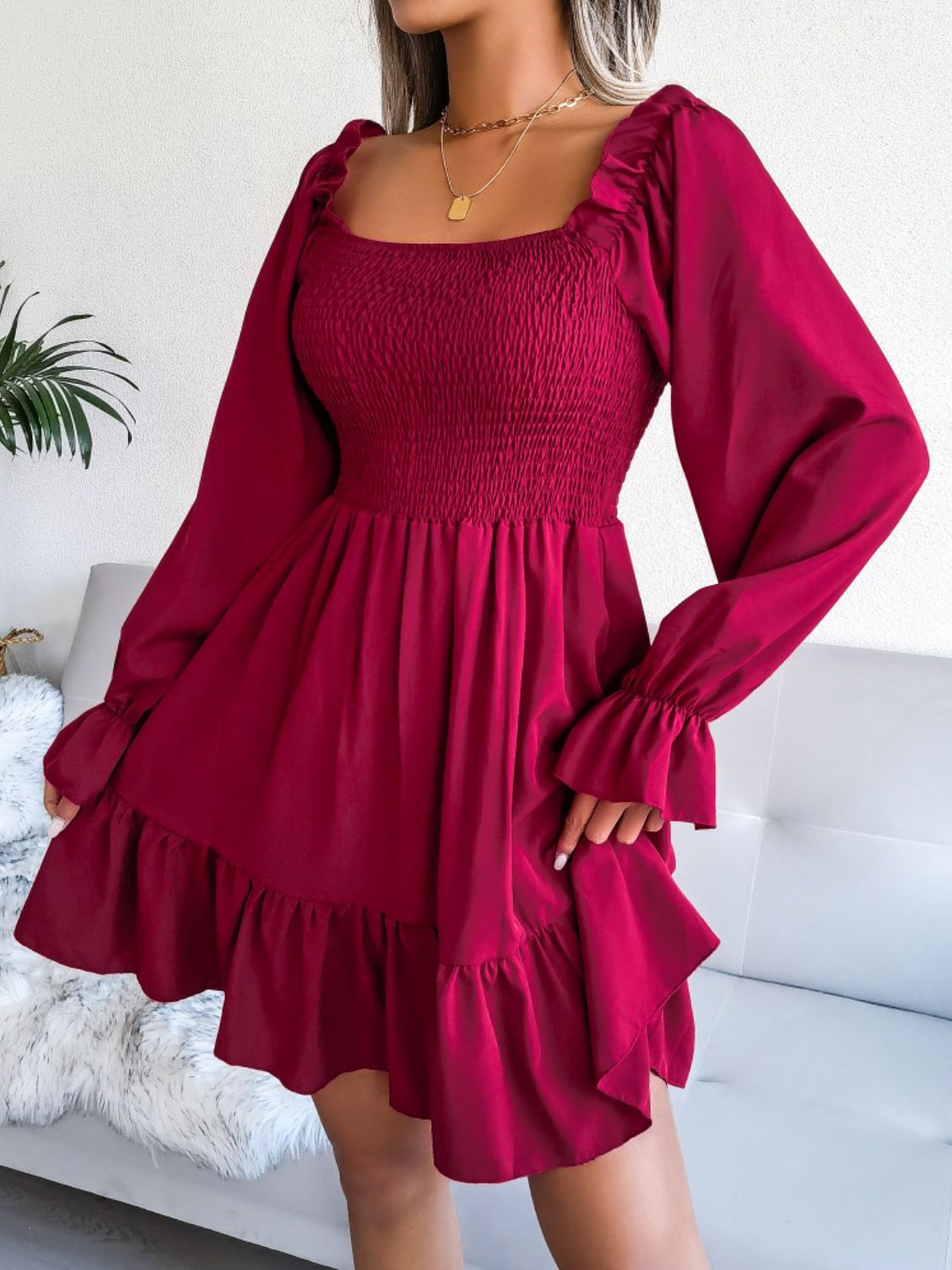 Smocked Flounce Sleeve Square Neck Dress - Red / S - All Dresses - Dresses - 9 - 2024