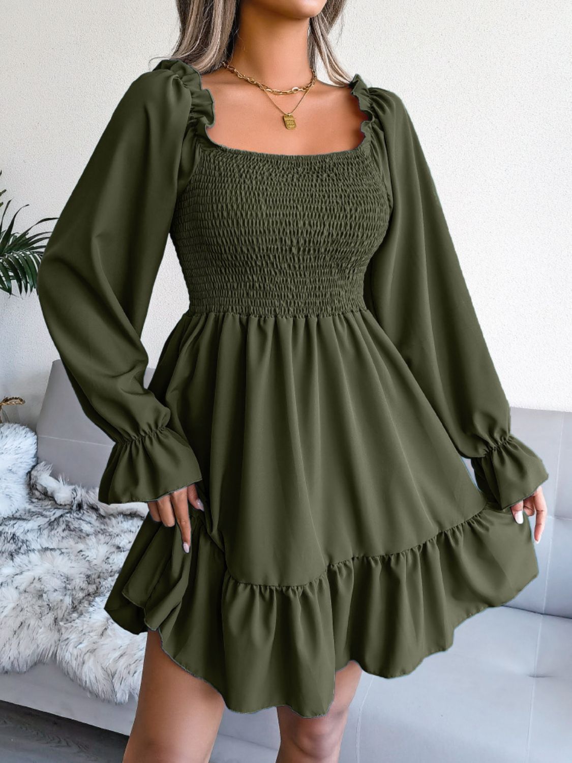 Smocked Flounce Sleeve Square Neck Dress - Green / S - All Dresses - Dresses - 1 - 2024