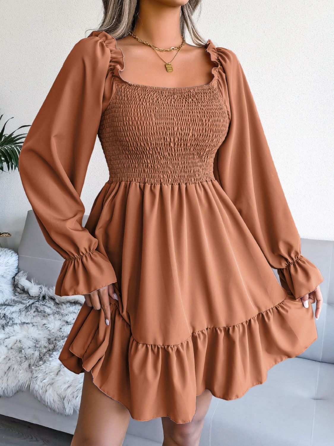 Smocked Flounce Sleeve Square Neck Dress - Brown / S - All Dresses - Dresses - 18 - 2024